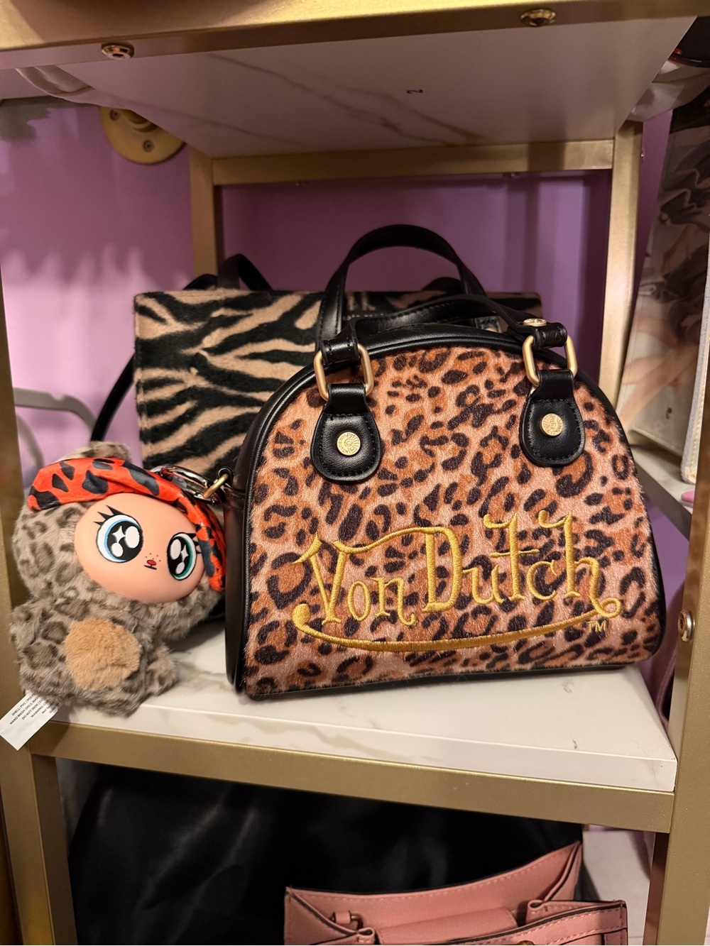 VON DUTCH LEOPARD VEGAN PONY HAIR BOWLING BAG w/ VON DUTCHIE “Harley”